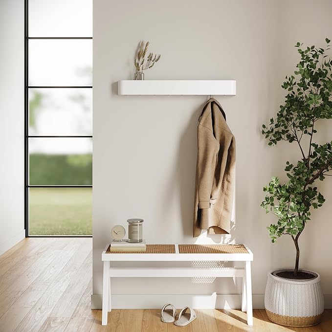 Kazai. Wall-Mounted Coat Rack 'Toke' - Modern Design Coat Rack with Hidden Wall Hooks - Solid Wood Veneer Panel Coat Hanger - White