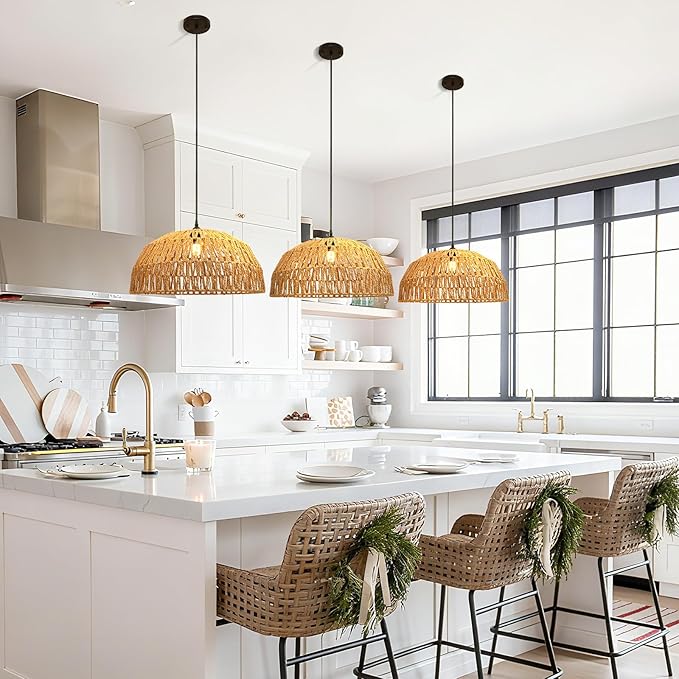 14''Natural Rattan Chandelier Small Rattan Pendant Light -Farmhouse Boho Hanging Light with Included E27 Bulb, 120V Wicker Chandelier for Dining Room Bedroom Living Room Island