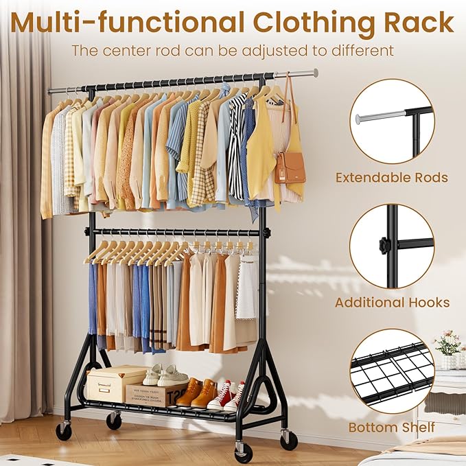Heavy Duty Clothes Rack for Hanging Clothes, Double Rods Clothing Rack with Lockable Wheels, Rolling Metal Garment Racks Heavy Duty, Portable Wardrobe Closet Racks, Black
