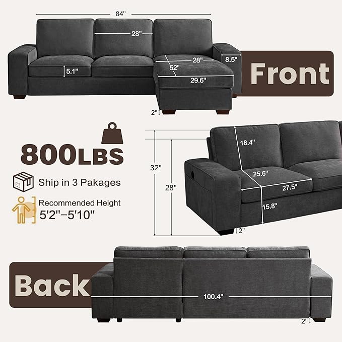 PARKOL 99" L-Shaped Sectional Couch with Storage, Sofa with Reversible Chaise, USB Type-C Charging, Chenille Fabric, Removable Cushion Covers, for Small Space, Apartment, Living Room, Dark Gray