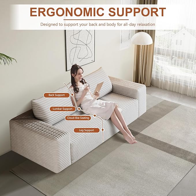 71" Corduroy Loveseat Sofa, 3-Seater Cloud Couch, Boneless Couch in a Box, Comfy Deep Seat Sofa with Memory Foam, Pillows and Wide Armrests, Modern Small Couches for Small Spaces, No Assembly (White)