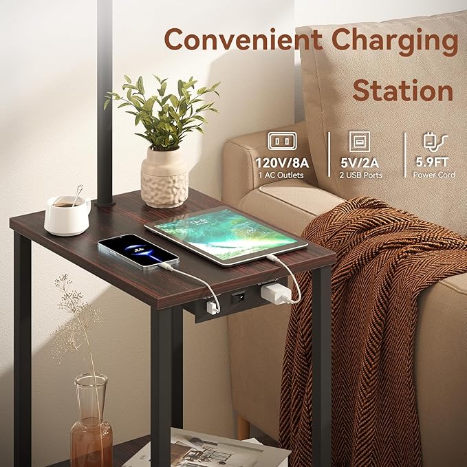 SUNMORY Floor Lamp with Table, End Table for Living Room with Lamp, Shelves Side Table with Charging Station(USB & AC Port), 3 Color Temperature LED Bulb, Modern Nightstand Lamp for Bedroom, Office