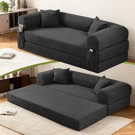 Convertible Futon Sofa Bed,80" Folding Pull Out Couch Bed with Pillows & Storage Pocket, Oversized Queen Sleeper Sofa in a Box,Corduroy Boneless Couch for Living Room,Deep Gray