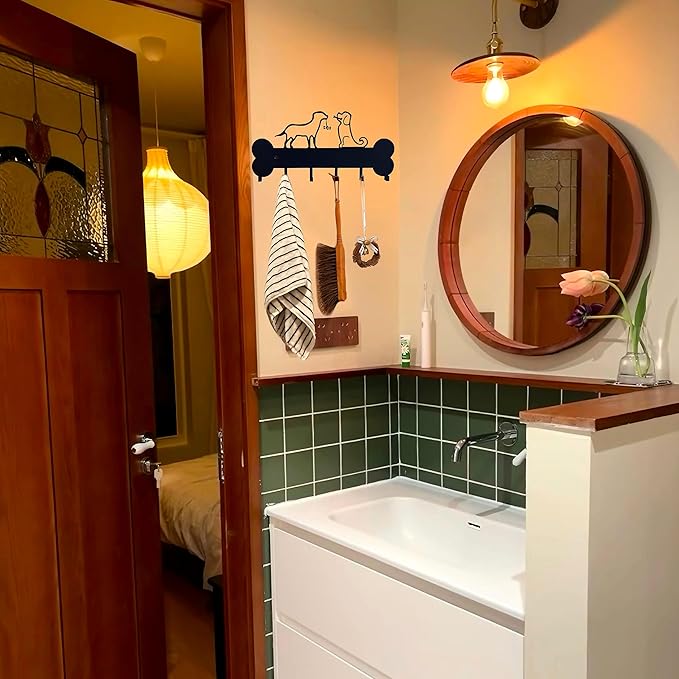 Dog Leash Holder Wall Mount, Dog Supply Organizer with 6 Hooks, Metal Key Hooks for Wall， Wall Storage for Hanging Leash, Vest, Harness, Keys