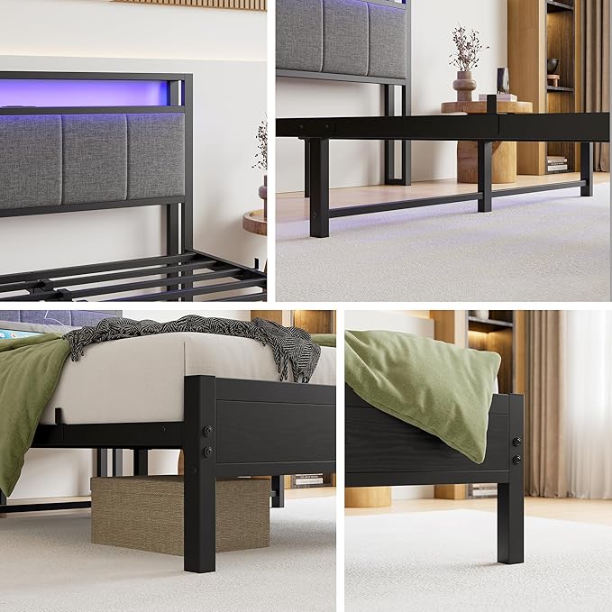 Queen Bed Frame with Headboard Storage,Upholstered Platform Bed Frame Queen Size with Charging Station and LED Lights No Box Spring Needed,Heavy Duty Steel Slats,Noise Free,Dark Grey