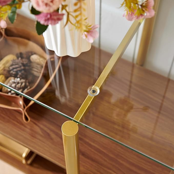 Glass Console Table for Living Room, Foyer & Entrance, H41 x W14 x H31inch, 3-Tier Mid-Century Modern Sofa Table with Clear Glass Top, Walnut Finish Wood Shelf and Gold Finish Frame