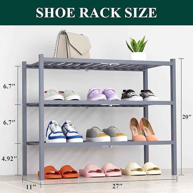 Smiry Shoe Rack, 3 Tier Thick Bamboo Shoe Organizer, Stackable Free Standing Wooden Shoe Storage Shelf for Closet, Entryway, Front Door Entrance, Grey