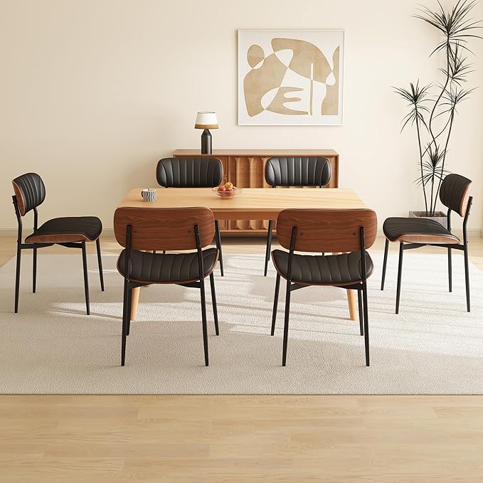 Modern PU Leather Dining Room Chairs Set of 2, Upholstered Kitchen Chairs with Walnut Bentwood Back and Metal Legs Adjustable Feet for Kitchen Dining Room(Balck)