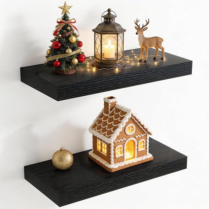 20 Inch Floating Shelves for Wall, 8 Inch Deep Floating Shelf for Storage & Display, Rustic Wall Mounted Shelf with Invisible Brackets for Living Room, Kitchen, Bathroom, Home Decor, Set of 2, Black