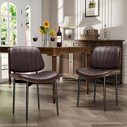 Dining Chairs Set of 2, Dining Room and Kitchen Chairs, Mid Century Modern Accent Chair, Upholstered PU Leather Chairs for Vanity with Walnut Bentwood and Metal Legs, Brown