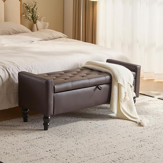 47" Storage Ottoman Bench, End of Bed Bench for Bedroom, Leather Upholstered Ottoman with Storage for Living Room, Entryway, Window (Brown)