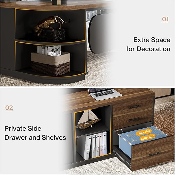 Tribesigns 80'' L-Shaped Desk, Large Executive Office Desk with 55'' Drawers Cabinet, Modern Commercial Office Table with Storage Shelves, Business Furniture for Home Office, Brown & Black