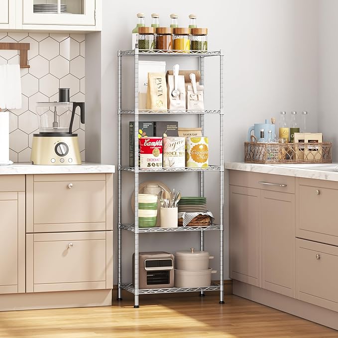 HOMEFORT 5-Shelving Unit, Adjustable Wire Shelving, Metal Wire Shelf Rack Organizer for Kitchen, Pantry, Closet, Bathroom, Laundry,Sliver,21" W x 11" D x 53" H