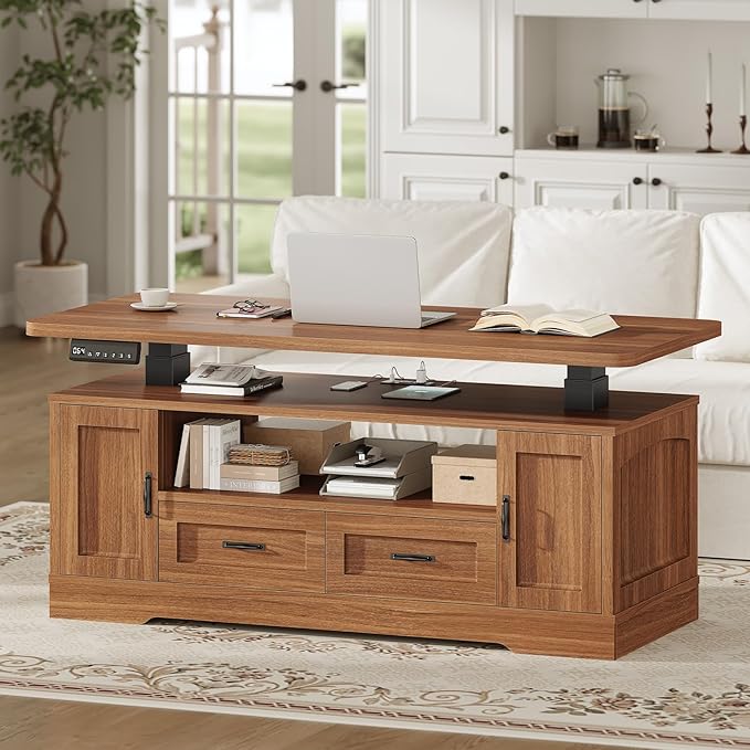 SEDETA 47.2" Electric Standing Coffee Table with Storage, Farmhouse Lift Top Coffee Table with Drawers and Open Shelves, Height Adjustable Tables with Power Outlet, for Living Room, Brown