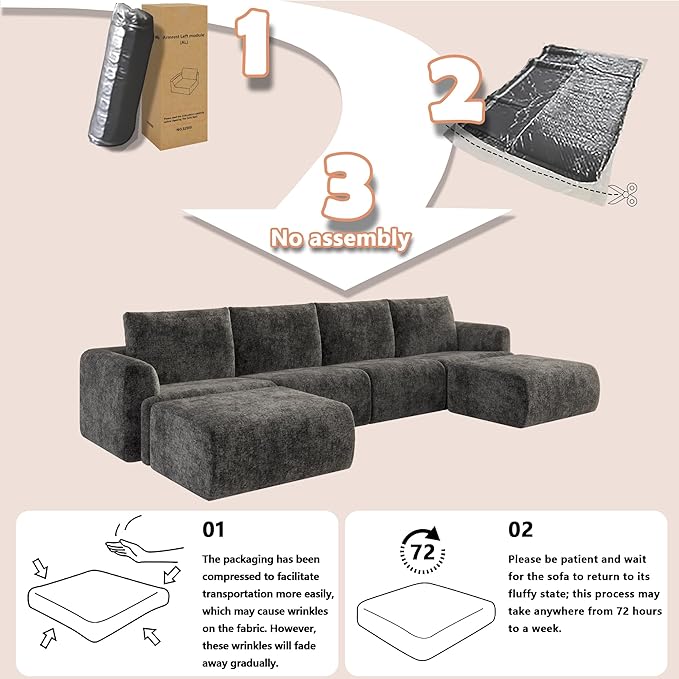 EASE MOOSE Boneless Modular Cloud Couch, Oversized U-Shaped Sectional Sofa for Living Room with Ottoman, Extra Large Movable Couches, 6-Deep-Seat Sofas for Bedroom, Apartment, Chenille (Dark Grey)