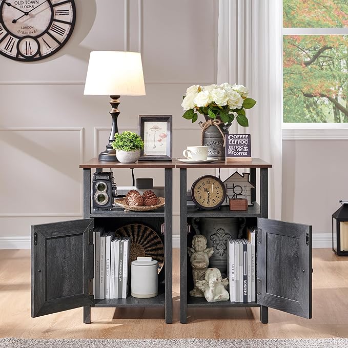 Farmhouse Nightstand Set of 2, End Table with Charging Station, Rustic Side Table w/Barn Door & Open Shelves, Bedside Table w/Storage Space and Storage Cabinet for Bedroom, Living Room Dark Grey