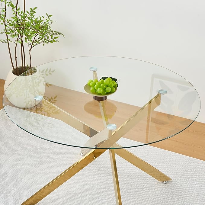 47.24" Round Glass Dining Table Modern Kitchen Glass Top Table for 6 with Gold Chrome Metal Legs, Clear Dining Table Kitchen Table for Home Office Dining Room