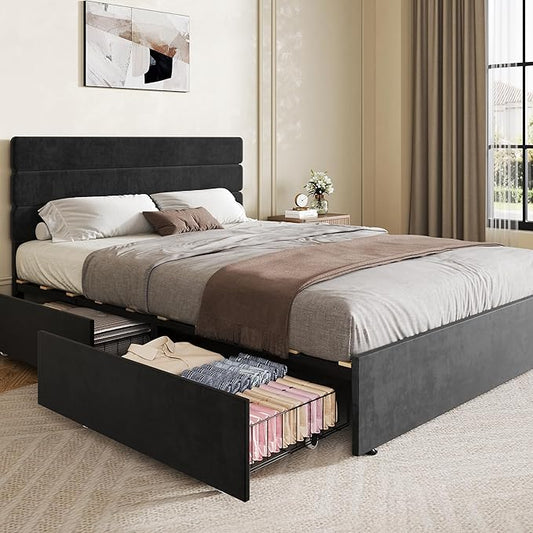 WLIVE Queen Size Upholstered Bed Frame with 4 Drawers and Velvet Square Tufted Headboard, Sturdy Metal & Wooden Slats Support, No Box Spring Needed, Easy Assembly, Black