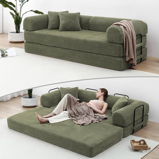 Compression Sofa - 79'' Convertible Sofa Bed, Boneless Couch in a Box, Modular Corduroy Foldable Sleeper Sofa with 2 Pillows, Loveseat Couches for Living Room (Corduroy Fabric, Green)
