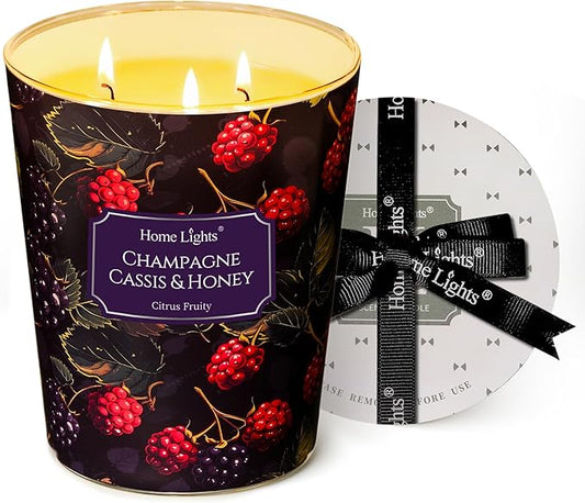 HomeLights Scented Candles for Women & Men, 34oz Candle Jars Aromatherapy 3-Wick Candle, Ideal for Eclectic Mixed Styles Home Decor and Gifts, Champagne Cassis & Honey