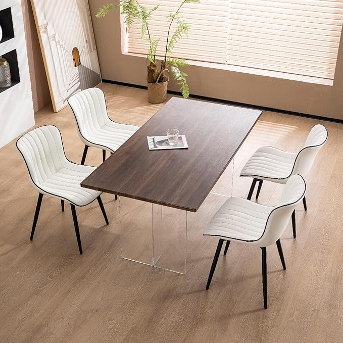 YOUNUOKE Mid-Century Modern Dining Chairs Set of 2, White PU Leather Upholstered Kitchen Chairs with Black Metal Legs, Armless Accent Chair for Dining Room, Guest Reception Room