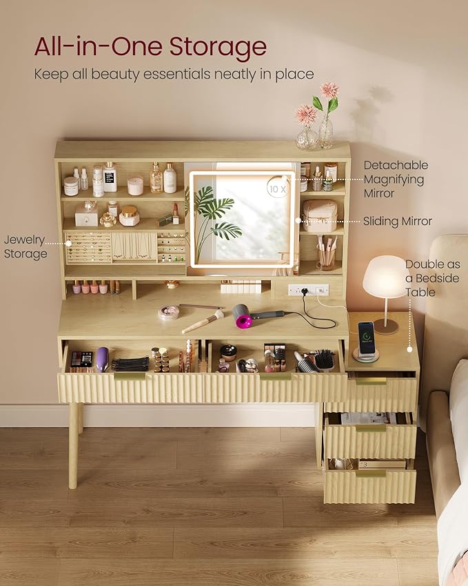 VASAGLE MAXE Collection - Vanity Desk with Sliding Mirror and Lights, Mid Century Modern Fluted Makeup Vanity with 10x Magnifying Mirror, Charging Station, Jewelry Storage, Oak Beige URDT139YC01S
