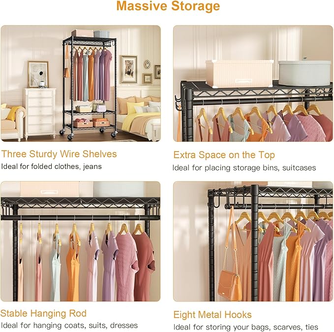 FUTASSI P6 Medium Rolling Clothes Rack Heavy Duty, Clothing Racks for Hanging Clothes, Freestanding Garment Rack with Wheels, Portable Closet Rack Max Load 370 LBS, 30''W x 14''D x 77.6''H, Black