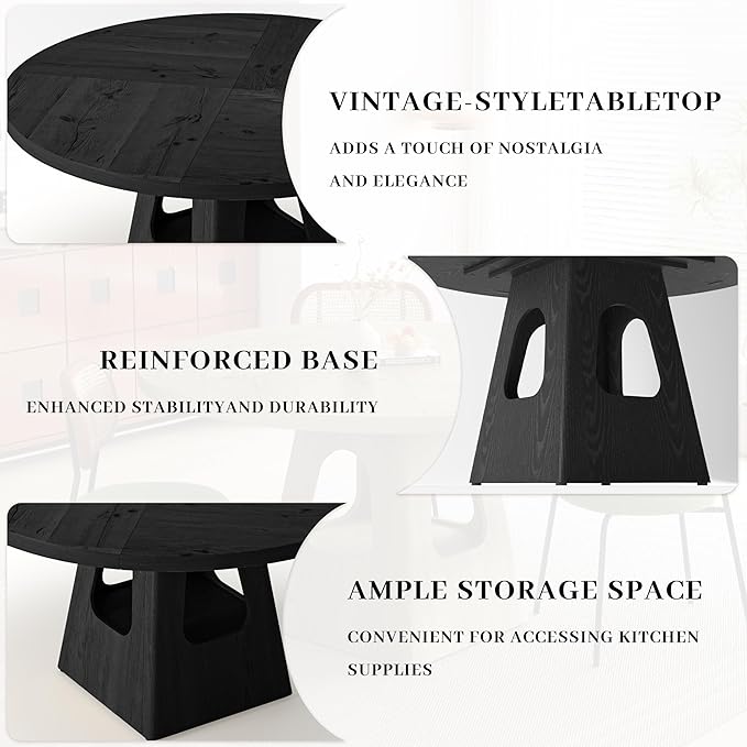 Round Dining Table for 4, Farmhouse 47 Inch Wood Dinner Tables with Storage Base for Kitchen Dining Living Room 4-6 People Gathering, Black
