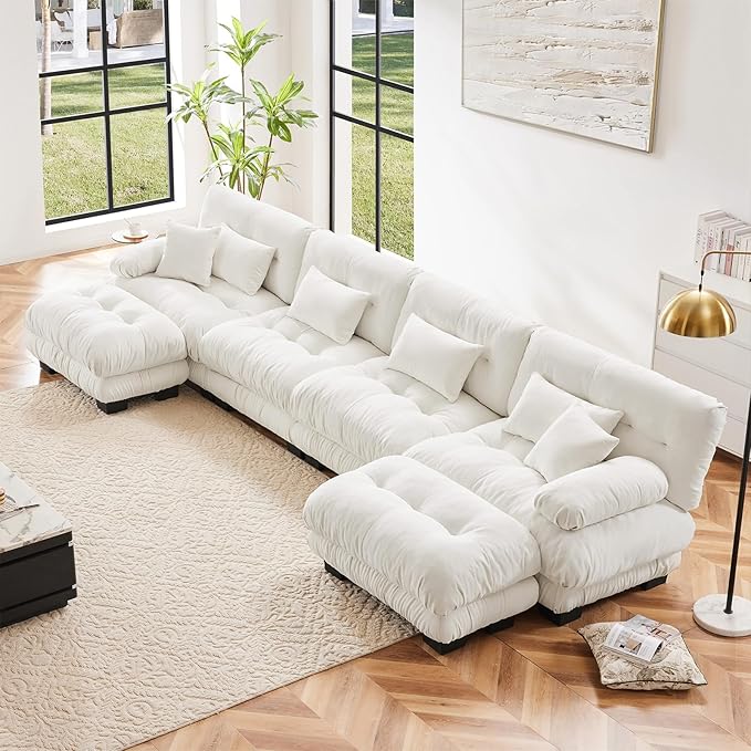 173.2" Oversized Couch, 4 Seater Modular Sectional Sofa, White Large U Shaped Sectional Fluffy Couch Set, Chenille Cloud Couch with Ottoman, Deep Seat Sofas for Living Room