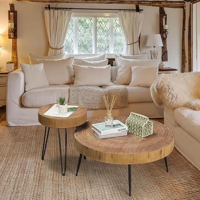 RUSTOWN Farmhouse Round Coffee Table Set of 2, Natural Wood Finish with Unique Ring Design, Modern Circle Side and End Table Sets for Living Room, Natural