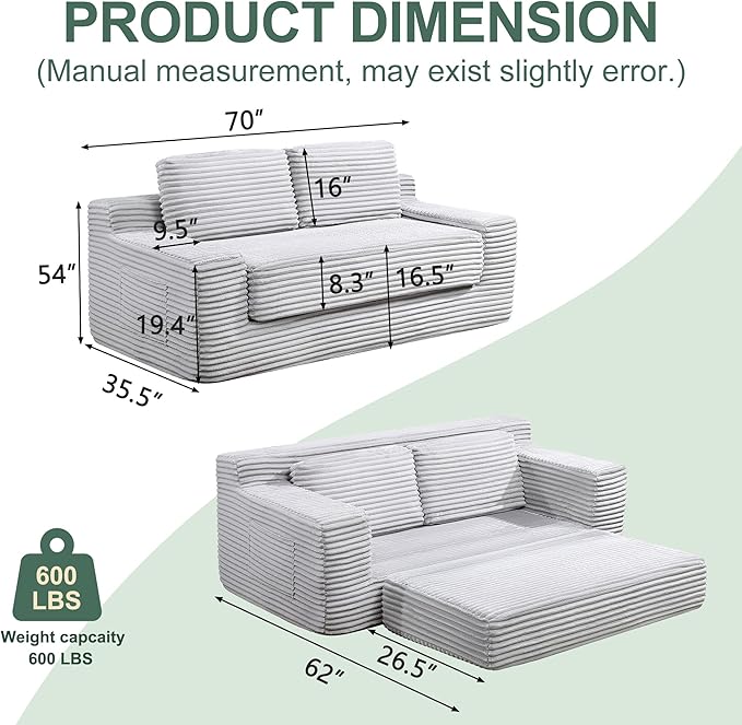 70" Cloud Loveseat Sofa Couch in a Box, 2 Seater Boneless Couch, Convertible Pull Out Sofa Bed with Pillows, No Assembly, Memory Foam, Modern Small Couches for Small Spaces (Gray-Folding)