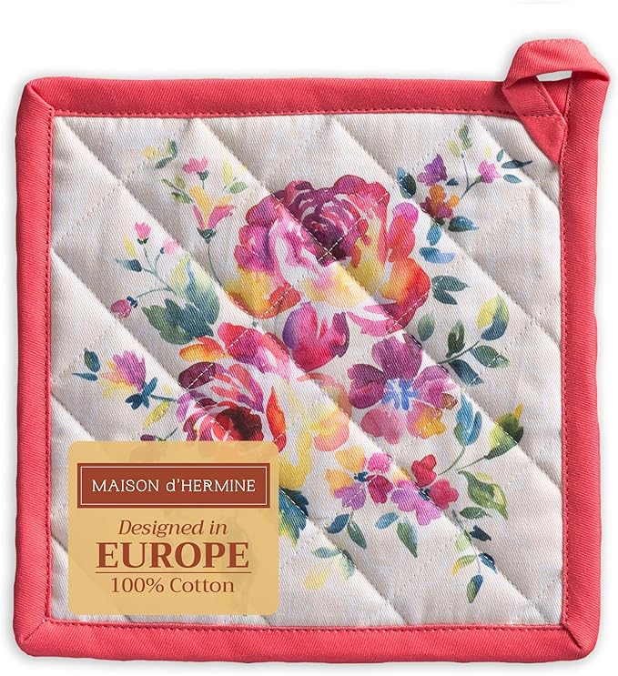 Maison d' Hermine Pot Holders 100% Cotton Heat Resistant Potholders 8" x 8" Hot Pads with Loop BBQ, Cooking, Baking, Grilling, Kitchen, Handling Hot Pans Spring/Summer (Pack of 1, Rose Garden)