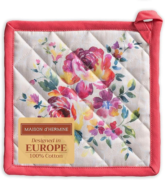 Maison d' Hermine Pot Holders 100% Cotton Heat Resistant Potholders 8" x 8" Hot Pads with Loop BBQ, Cooking, Baking, Grilling, Kitchen, Handling Hot Pans Spring/Summer (Pack of 1, Rose Garden)