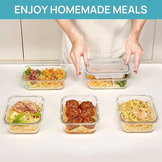Vtopmart 10 Pack 35oz Glass Food Storage Containers with Lids, Meal Prep Containers, Airtight Reusable Lunch Container Set, Safe for Oven, Microwave, Freezer, and Dishwasher, Grey