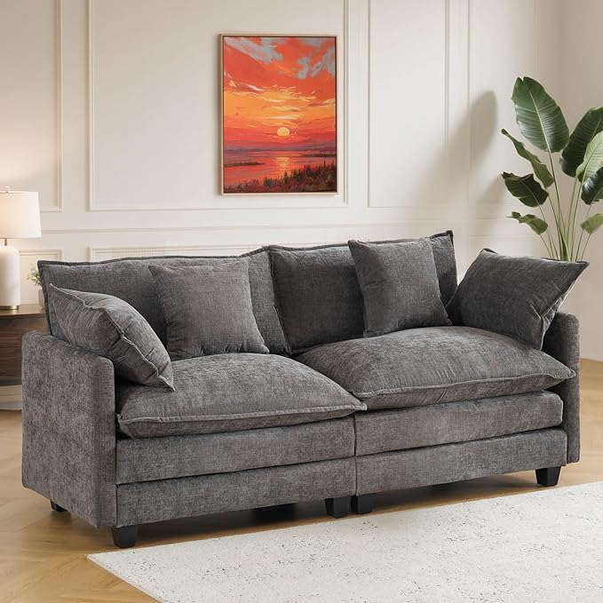 77" Cloud Sofa Loveseat & Couch｜Small 2-Seater Chenille Sectional Sofa with 29.1" Deep Seat｜FSC Certified Solid Wood & Metal Frame｜Easy Assembly & 1YR Guarantee｜ for Apartment Living Room｜Grey