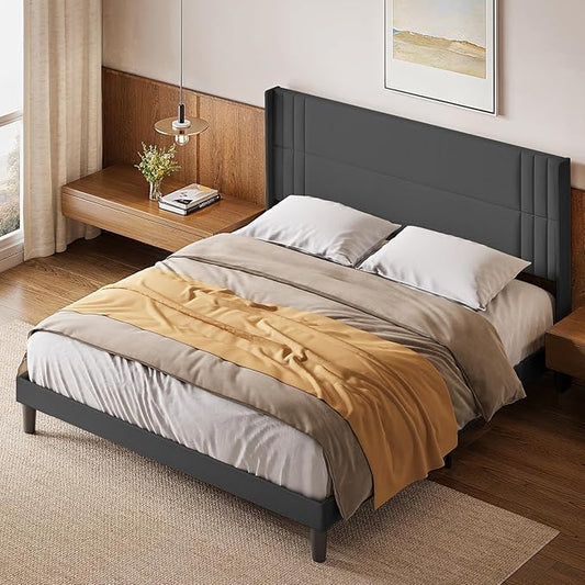 Gizoon King Size Bed Frame, Wingback Upholstered Platform Bed with Steel Frame, Wooden Slats, Noise-Free, No Box Spring Needed