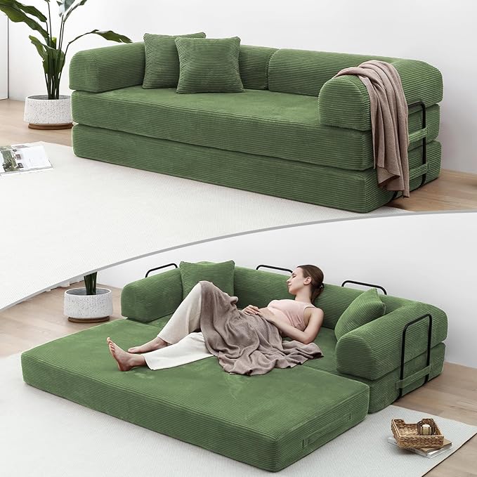Compression Sofa - 79'' Convertible Sofa Bed, Boneless Couch in a Box, Modular Corduroy Foldable Sleeper Sofa with 2 Pillows, Loveseat Couches for Living Room (Corduroy Fabric, Dark Green)