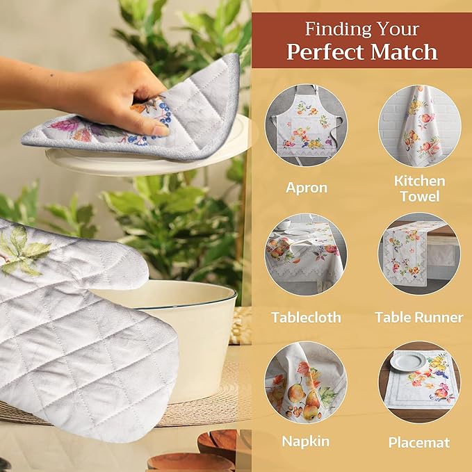 Maison d' Hermine 100% Cotton Oven Mitt & Pot Holder Set (7.5"x13" & 8"x8") Heat Resistant BBQ Cooking Gloves with Loop for Thanksgiving Christmas Decorations Handling Hot Pans (Fruit D'Hiver)