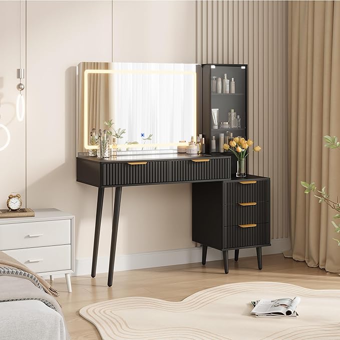 Makeup Vanity Desk with Mirror and Lights, 48" Fluted Makeup Table with Glass Top, Vanity Desk with 5 Drawers, Open Shelf & Power Outlet, Modern Dressing Table for Bedroom Living Room