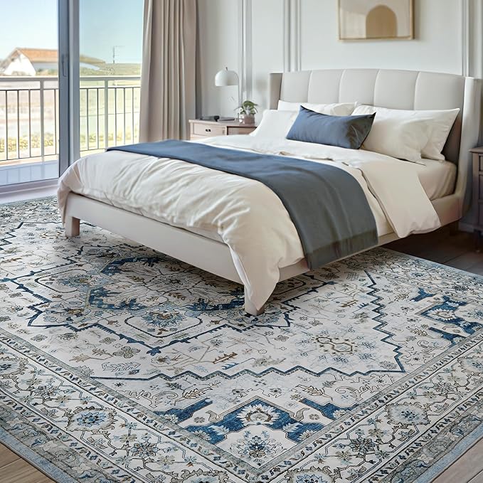 Area Rugs for Living Room 8x10 - Large Machine Washable Vintage Oriental Soft Rugs, Low Pile Thin Floor Carpet with Non Slip Backing for Bedroom, Dorm, Under Dining Room Table, Indoor House, Office
