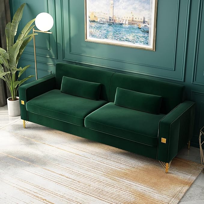 2PCS 85.63" Green Velvet Sofa,Modern Loveseat Couch with Pillows Set of 2 for Living Room,Bedroom,Apartment Furniture with Gold Metal Legs