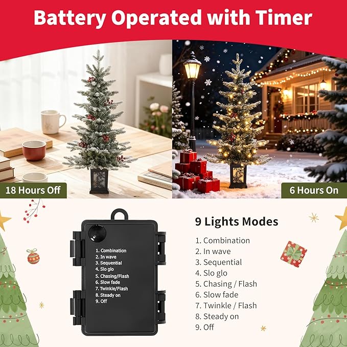 Small Pre-Lit Christmas Tree with LED Lights - 3.5 FT Snow Flocked Ariticifial Tree with Vintage Snowflake Base, Battery Operated & Auto Timer for Home Office Xmas Decor