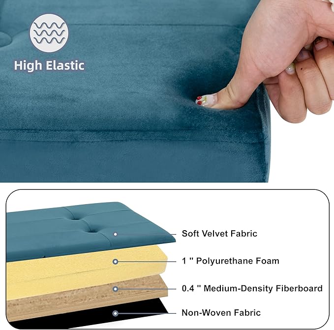 CAROLMADE 30 Inches Storage Ottoman Bench with Flipping Lid, Velvet Foldable Storage Footrest, Ottoman with Storage for Living Room Holds up to 330lbs, Teal