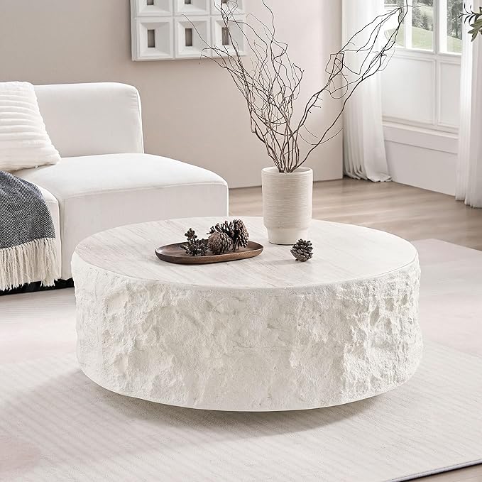 Round Coffee Table, 35.43" Fiberglass Imitation Stone Accent Table for Living Room, Bedroom, Apartment & Office, Beige, No Need Assembly