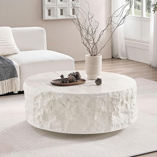 Round Coffee Table, 35.43" Fiberglass Imitation Stone Accent Table for Living Room, Bedroom, Apartment & Office, Beige, No Need Assembly