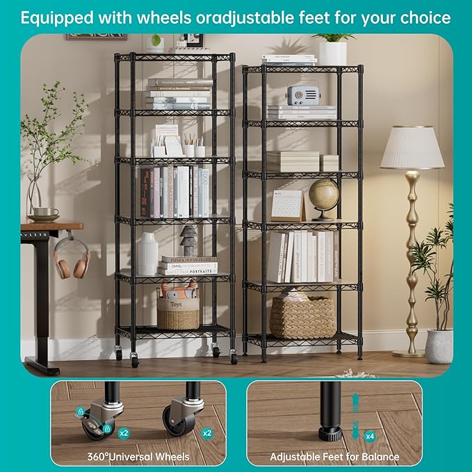 SINGAYE 6 Shelf Storage Wire Shelves Closet Bathroom Organizers Metal Pantry Kitchen Small Garage Shelving Unit Laundry Room Organization Home Narrow Rack Net Basket with Wheels Black