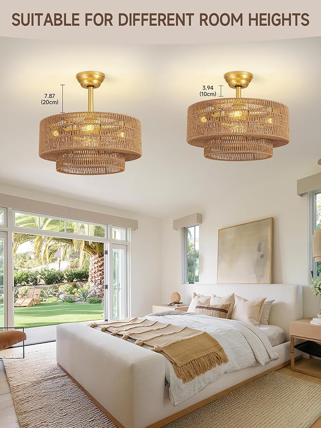 Boho Caged Fandelier with Lights Flush Mount Rattan Ceiling Fan with Lights and Remote Control, Enclosed 6 Speeds Low Profile Fan Light for Bedroom, Living Room, Kitchen