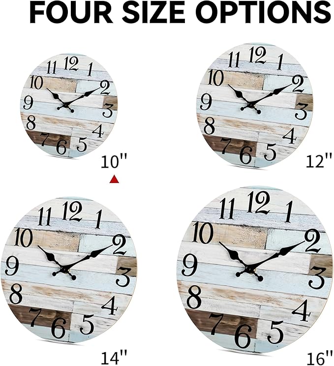Wall Clock Battery Operated 10 Inch Silent Non-Ticking Coastal Country Style Decorative for Living Room, Kitchen, Home,Bathroom, Bedroom, Laundry Room