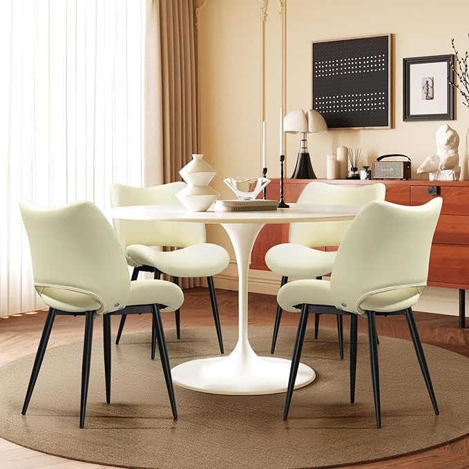 Modern Upholstered Dining Chairs Set of 2 Accent Dinner Chair with Pu Faux Leather and Middle Curved Back for Kitchen Living Room Bedroom (Beige)