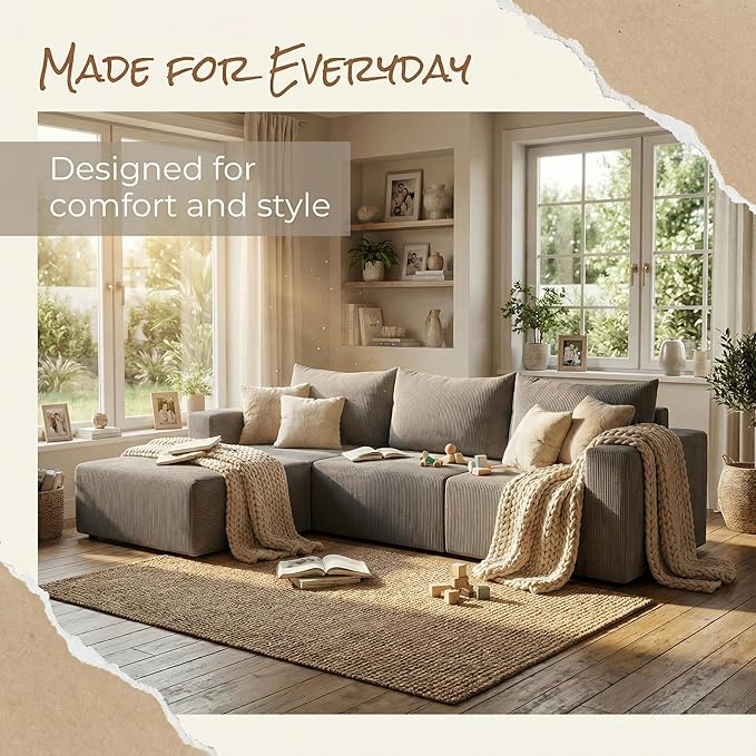 Cloud Boneless Sectional Sofa, Modular Sofa with Deep Seat, Modern Upholstered Couch with Chaise Lounge, Fluffy Comfy L-Shape Sectional Couch for Living Room, Black